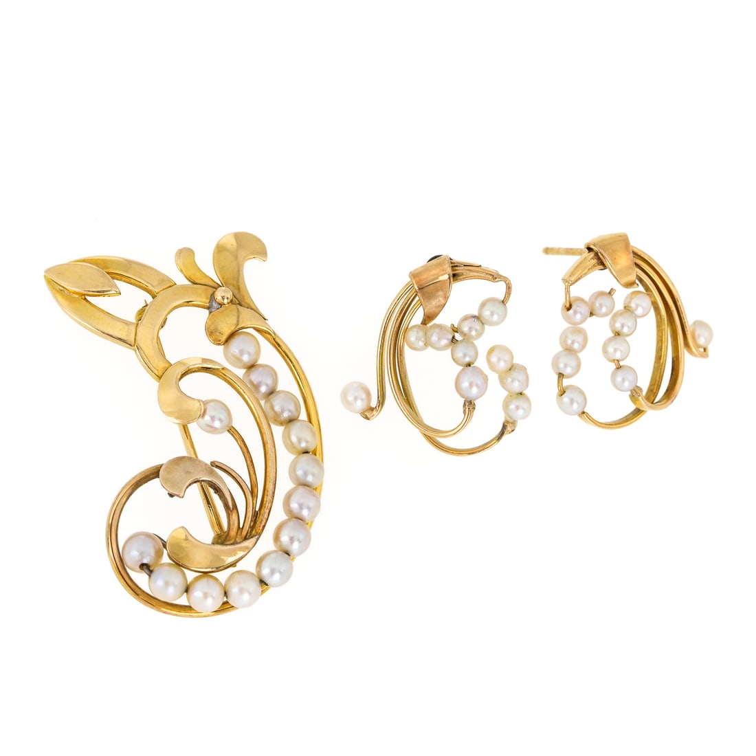 14k & Pearl Earrings & Brooch: 14k yellow gold earrings and brooch pin. Earrings each set with 10 2mm to 3mm pearls, open loop design, 1" long. Brooch with 13 3 mm pearls in a leaf and open loop design, 1 1/2" long. 8.93 grams t.w