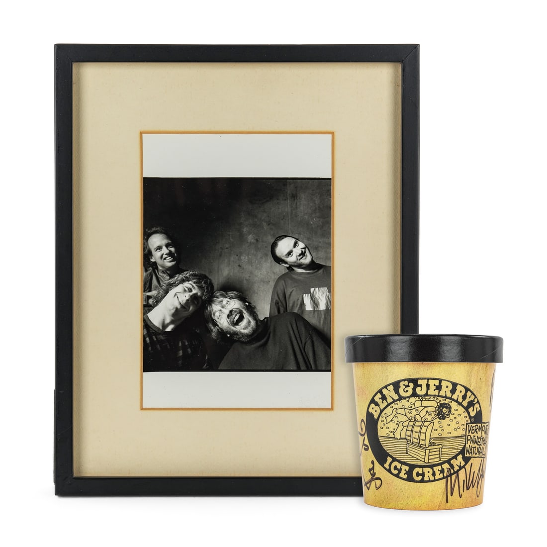 Phish Autographed Ben & Jerry's Pint: 1997 Ben & Jerry's Phish Food advance promotional pint ice cream container, autographed by all of the members of the band, sold with a photo of Phish taken for the pint (given to Mary Admasian,