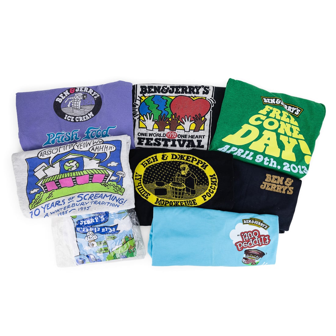 Eight Ben & Jerry's T-Shirts- size L: Eight Ben & Jerry's T shirts- size L, including insider employee shirt- 10 years of screaming, Phish Food, Free Cone day, Russian language text, Israel, 1992 One World, etc.