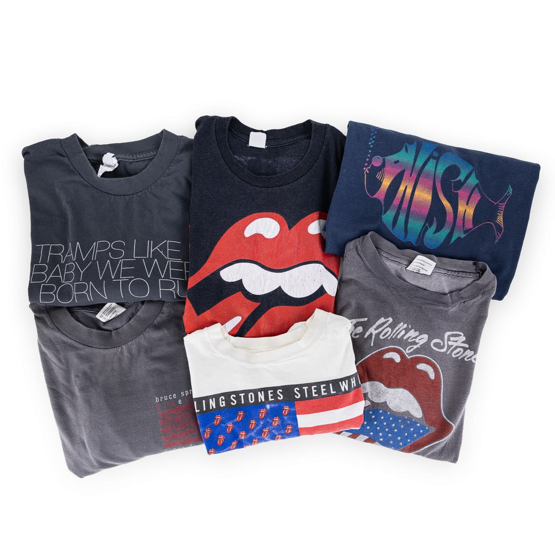 Eight Vintage Rock T-shirts: Vintage 1990's rock t-shirts (6 pcs), including Phish, Rolling Stones, Bruce Springsteen, size L, XL, most in good condition