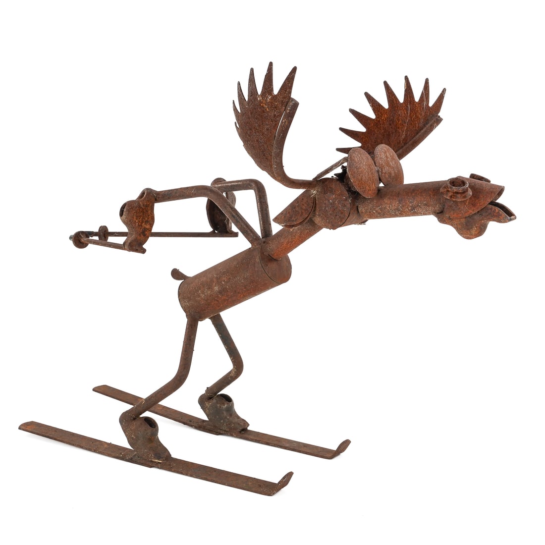 Skiing Moose Yard Art Sculpture: Skiing moose yard art metal sculpture, oxidized surface, 24" x 17" x 10"