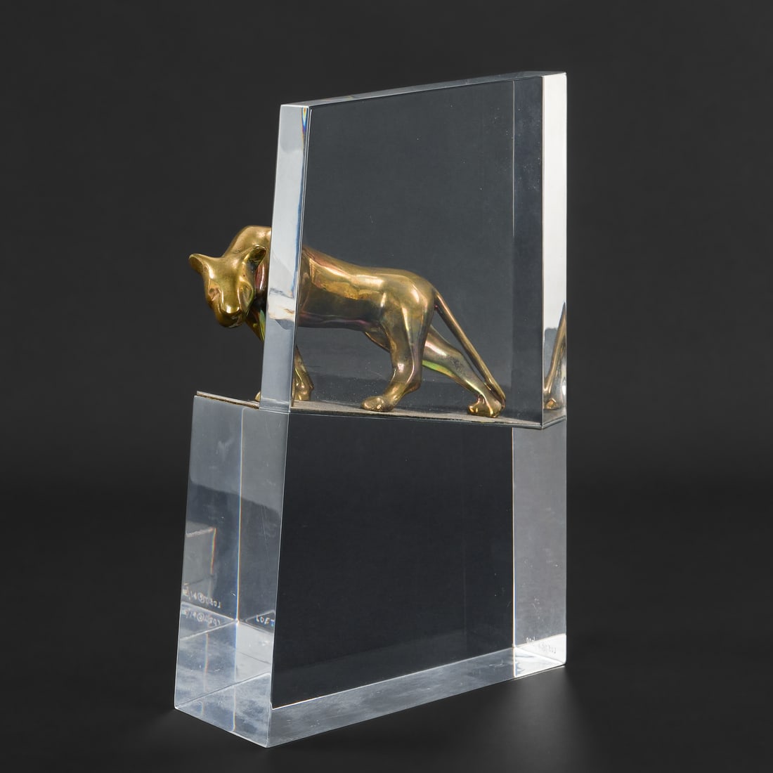 Loet Vanderveen Bronze Sculpture: Loet Vanderveen (Dutch 1921-2015) bronze and acrylic sculpture of a lioness, 61/ 300, bronze length 6", overall 10" x 6" x 2 1/2"