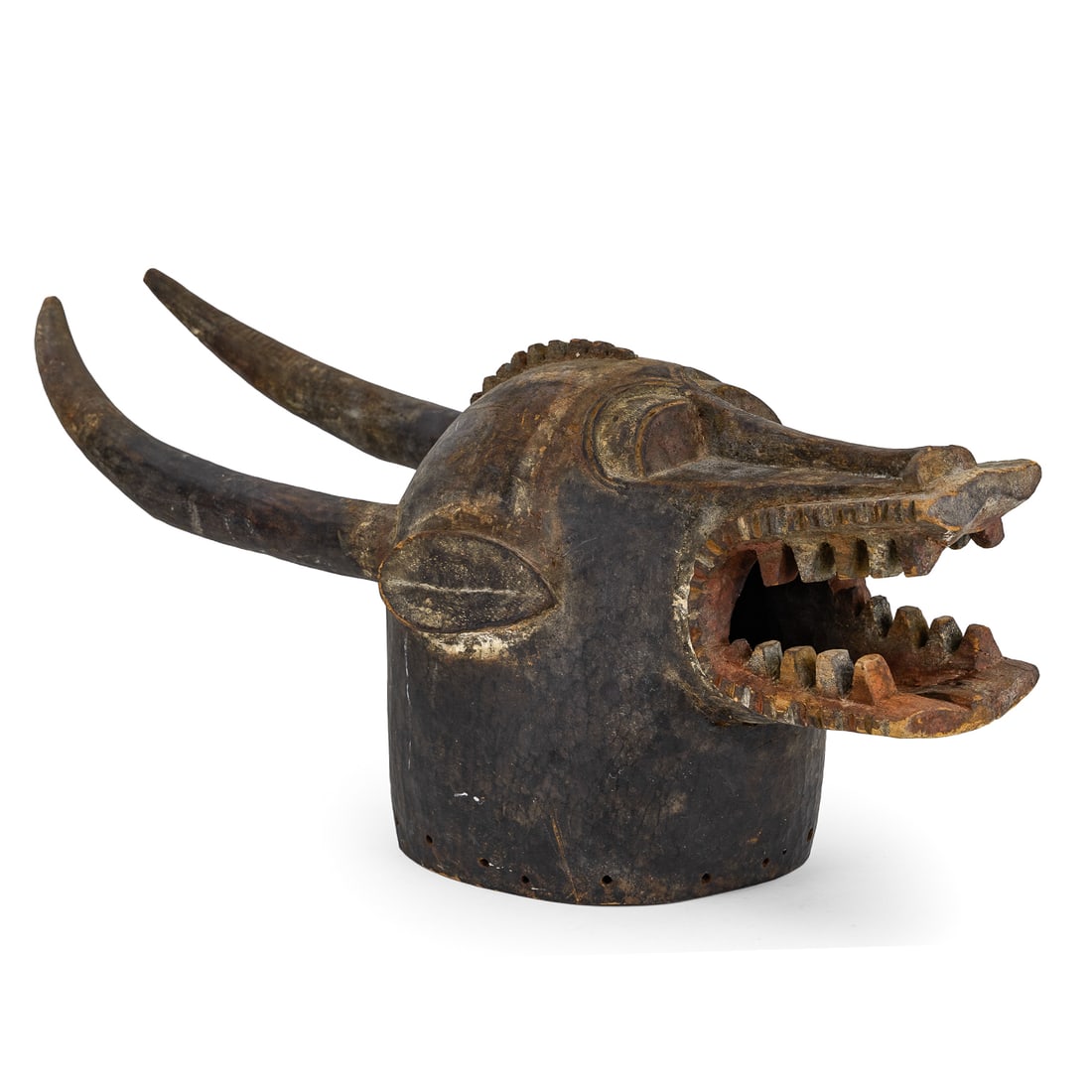Senufo Fire-Spitting Mask: Well carved West African Senufo People Fire-Spitting Mask/ helmet mask (Kponyungo), length 31 1/4"