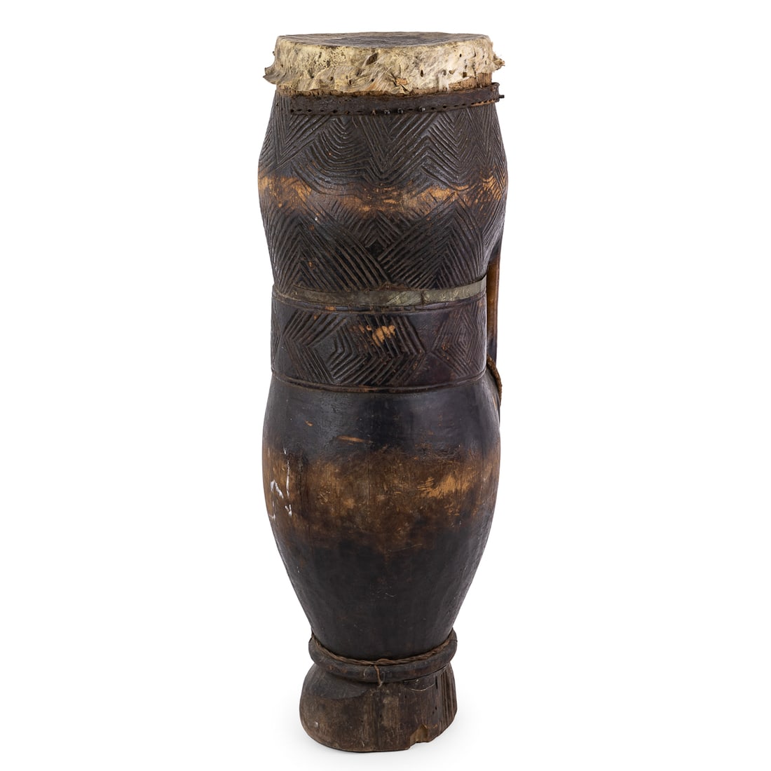 African Kuba Tribal Drum: African Kuba tribal drum, hide drumhead, with original cordage, ht 32"