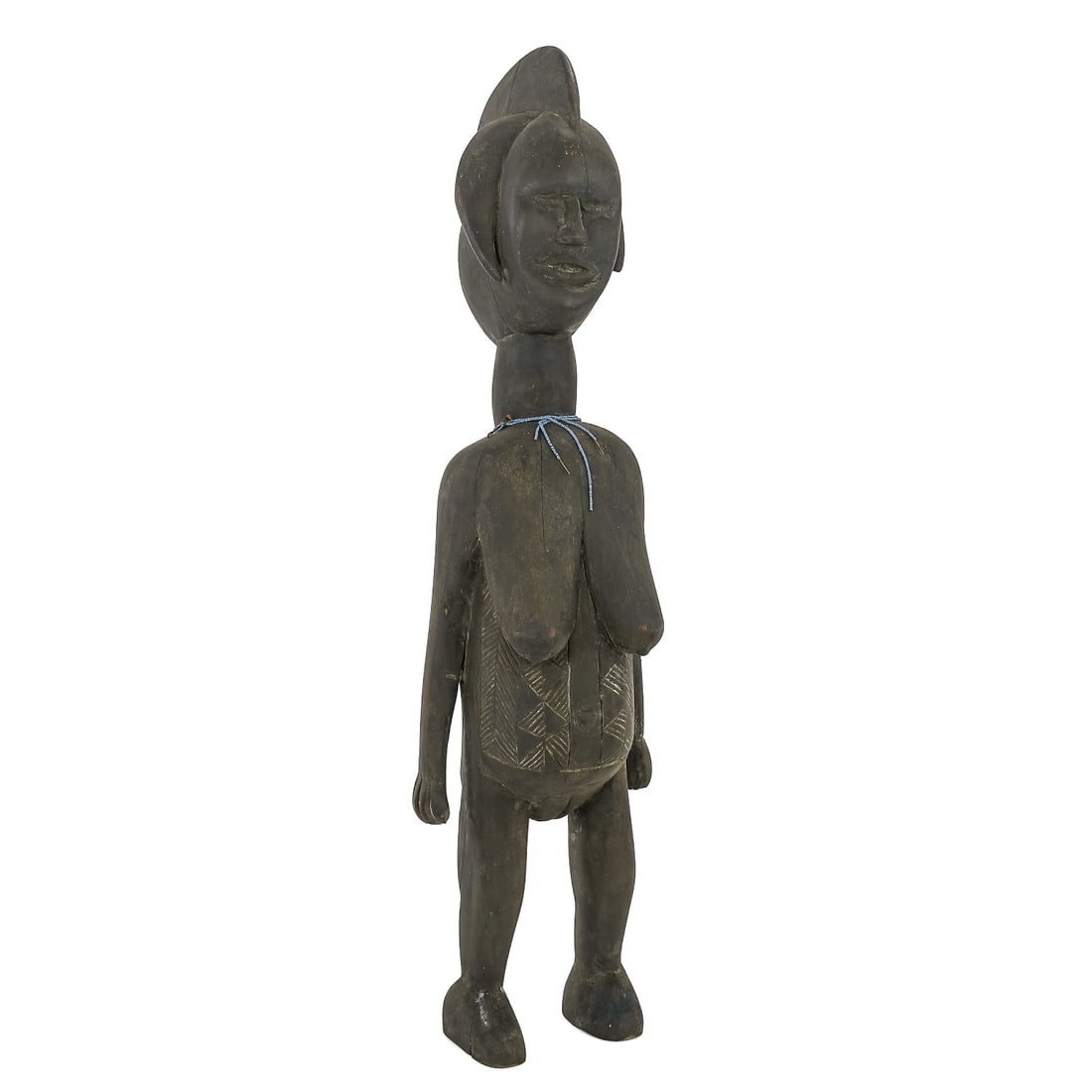 West African Baule Female Figure: Mid 20th c West African Ivory Coast Baule wood carving of a woman, possibly and ancestor figure, dense heavy wood, old drying crack, ht 32"