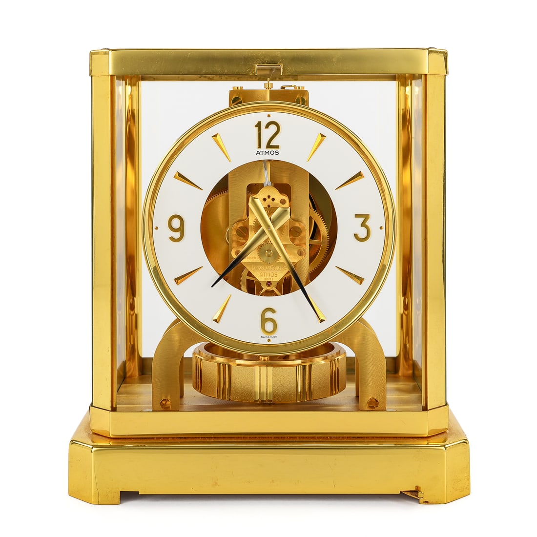 LeCoultre Atmos Clock: Jaeger Le Coultre "Atmos" clock, gilt brass case, 9 1/4" x 8 1/2" x 6 1/2"