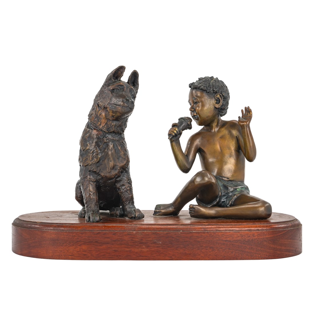 Dog & Boy with Ice Cream Cone Bronze: Dog & Boy with ice cream cone bronze, on wooden base, hts 7", overall length 14", depth 7"