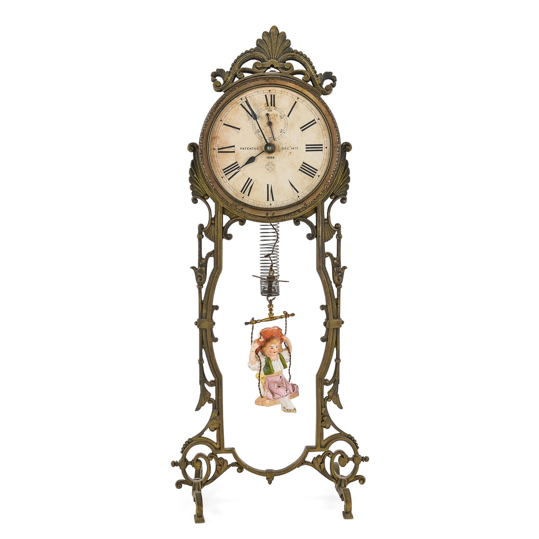 Ansonia Jumper No. 2 Novelty Clock: ca 1889 Ansonia Clock Co "Jumper No. 2" bobbing doll novelty clock featuring an ornate cast metal stand & a swinging doll pendulum, doll has old glue repair on reverse, overall ht 14 1/2"