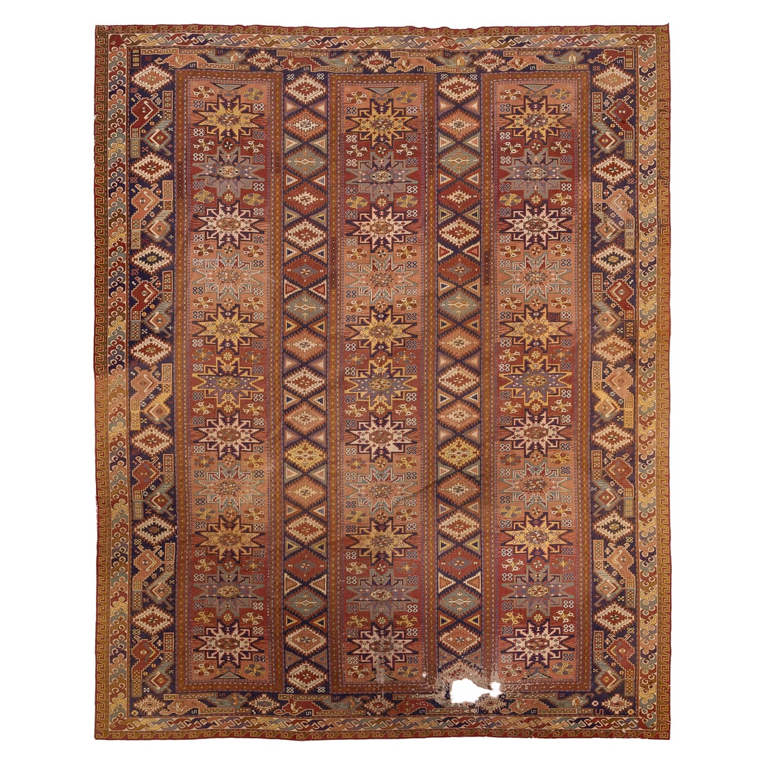 Caucasian Flat woven Main Carpet: Mid 20th c Caucasian flat woven main carpet, Lesghi stars pattern,, carpet nail holes on edge, 9' 3" x 11' 7"