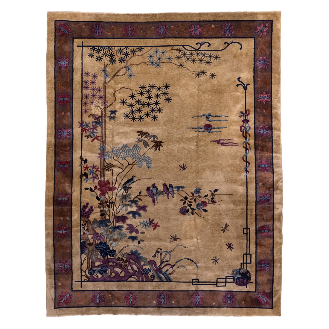 Mid 20th c Chinese Main Carpet: Early- Mid 20th c Chinese Art Deco Era main carpet, slight uneven wear, 8' 11" x 11' 6"