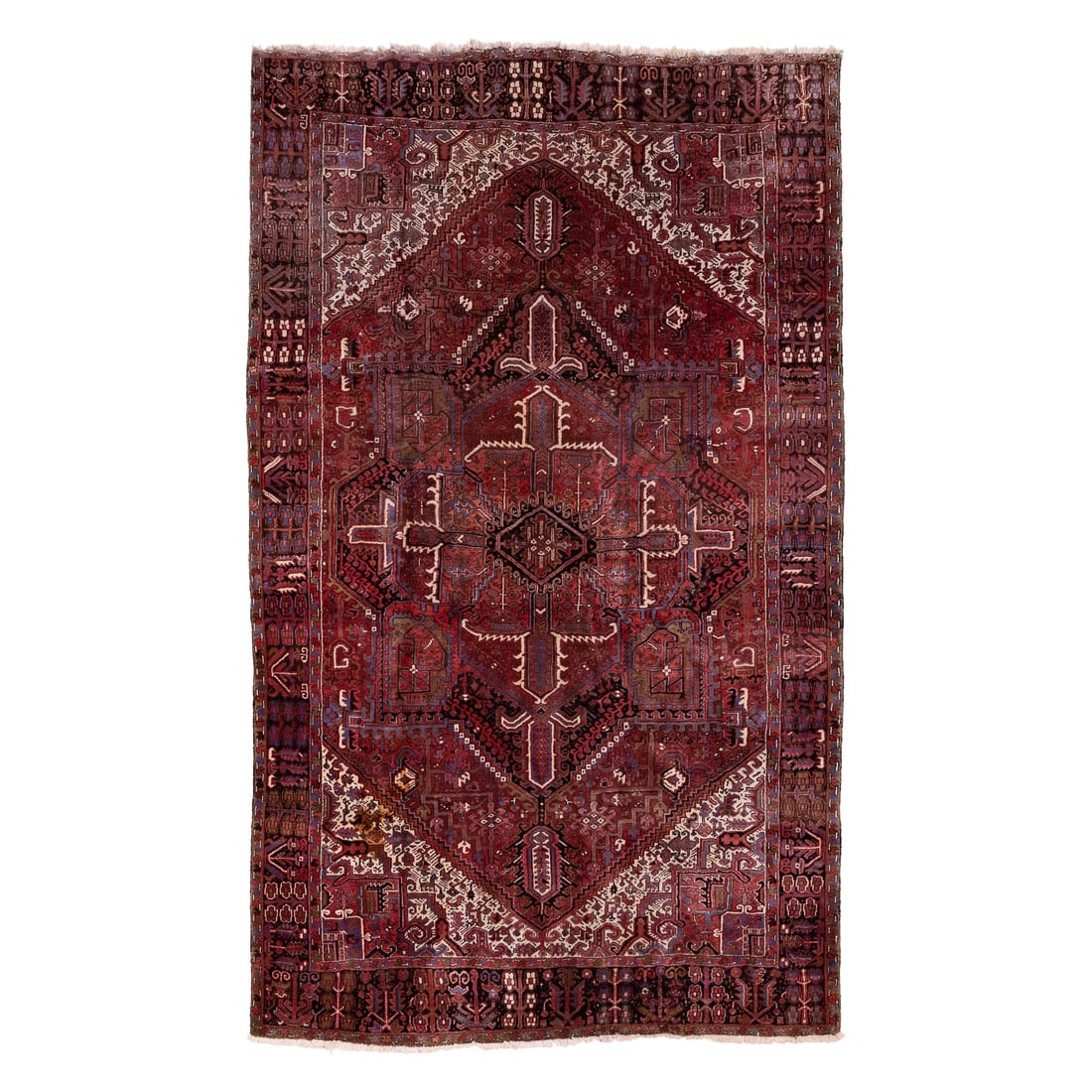 Persian Heriz Main Carpet: Mid 20th c Persian Heriz main carpet, high pile, insect losses 4" x 4" hole, 10' x 13' 5"