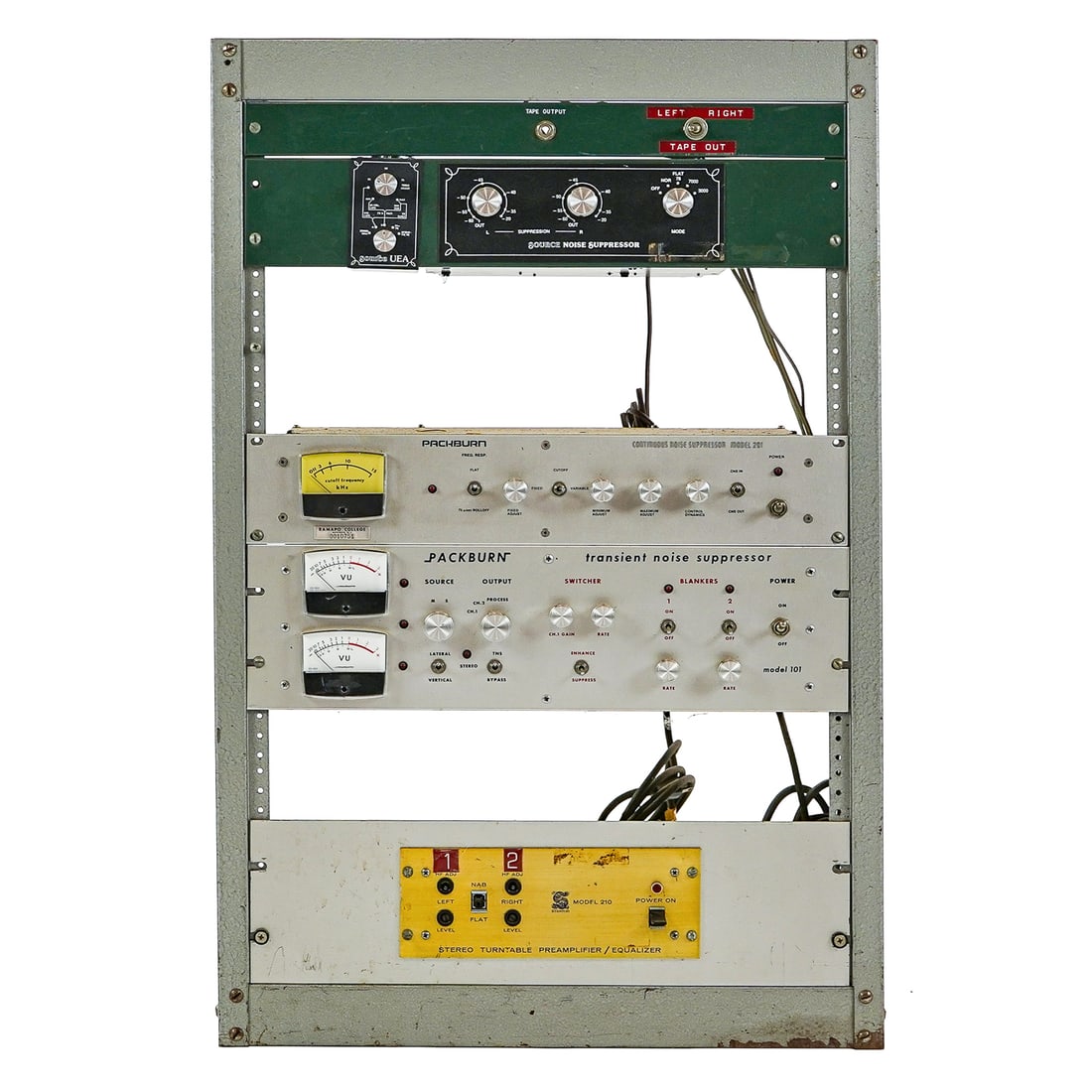 Recording Rack Setup- Noise Suppressors: Recording rack- Source UEA noise Suppressor, Packburn Model 201 Continuous Noise Suppressor, Packburn Model 101 Transient Noise Suppressor, Stanton Model 210 Stereo Turntable Preamplifier/ Equalizer-