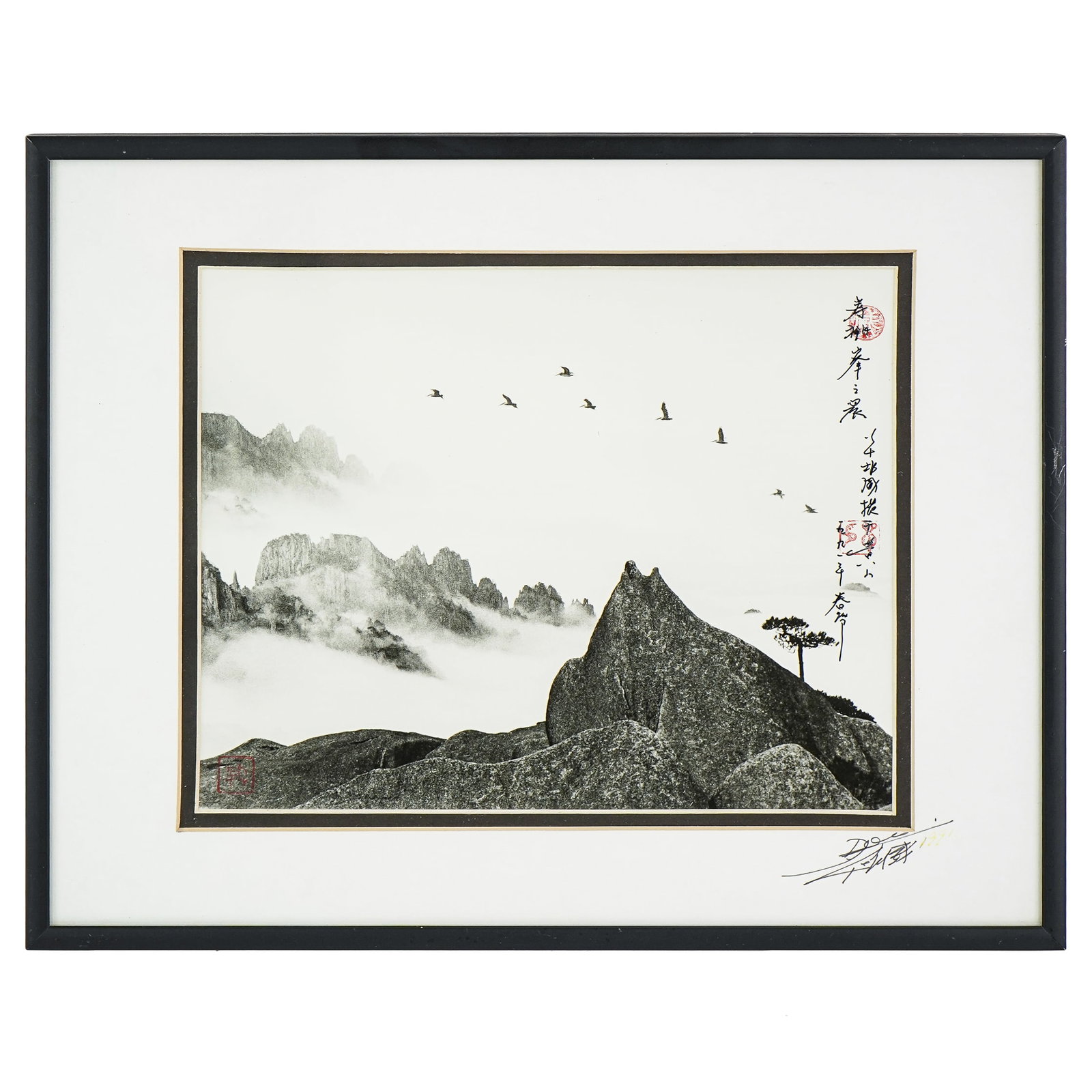 Don Hong Oai (CH 1929-2004) Mountain with Birds: Don Hong Oai (Chinese 1929-2004) Mountain with Birds SIlver gelatin photo print signed on mat with character inscription and red stamps.- Don began making a living by selling his landscape