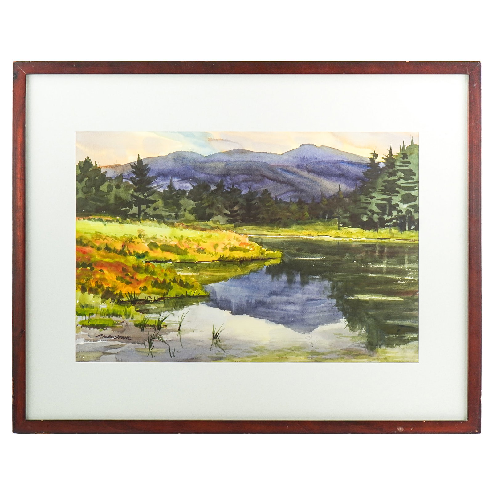 Caleb Stone (AM 1967-) At THe Pond's Edge: Caleb Stone (American 1967-) At The Pond's Edge -watercolor on paper signed lower right- 15 x 22" 23.5 x 29.5" As Framed. Stone studied at the Lyme Academy College of Fine Arts in Old Lyme CT. Since t