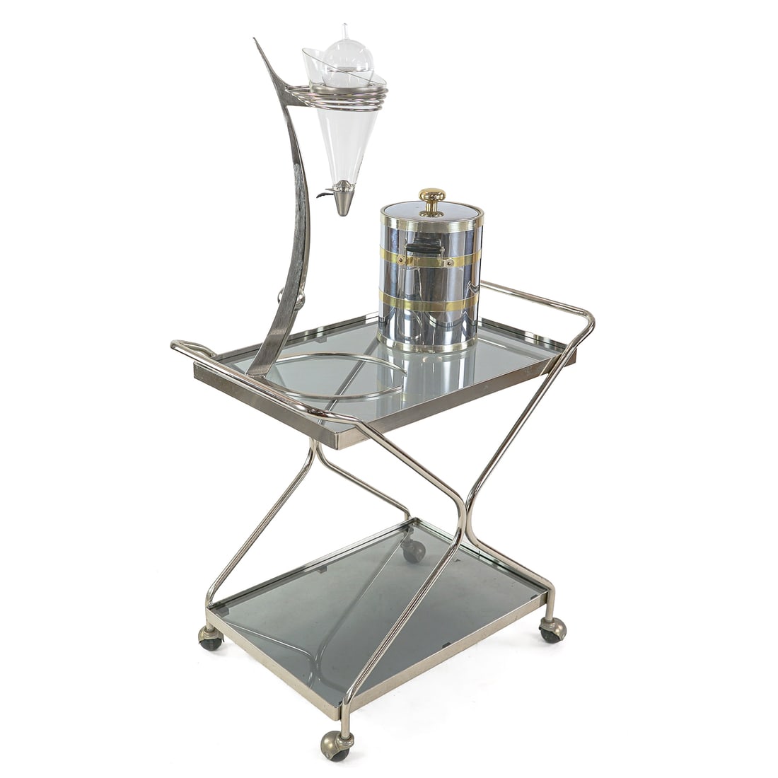 Chrome bar cart with Wine decanter and Ice Bucket: VIntage chromed steel bar cart with two smoked glass shelves - 29 x 29 x 18" sold with Cooper's Hawk Gemini wine aerator/decanter 24 x 12" and a Kraftware NYC Ice Bucket 13 x 10"