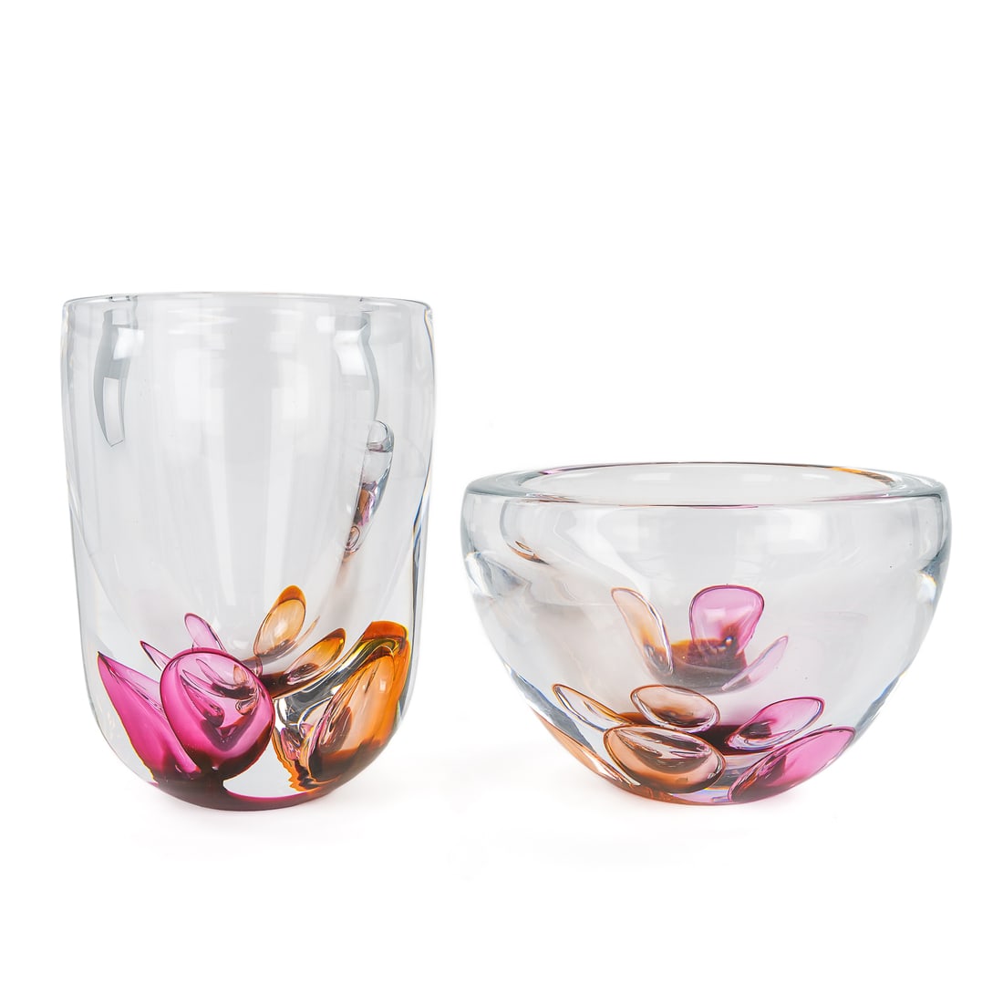 2 Nissmark Swedish Blown Crystal Items: 2 Studio Glashyttan Lennart Nissmark Swedish studio glass bowl and vase with pink and amber bubble undertones. 6" x 9", 9" x 6.75"