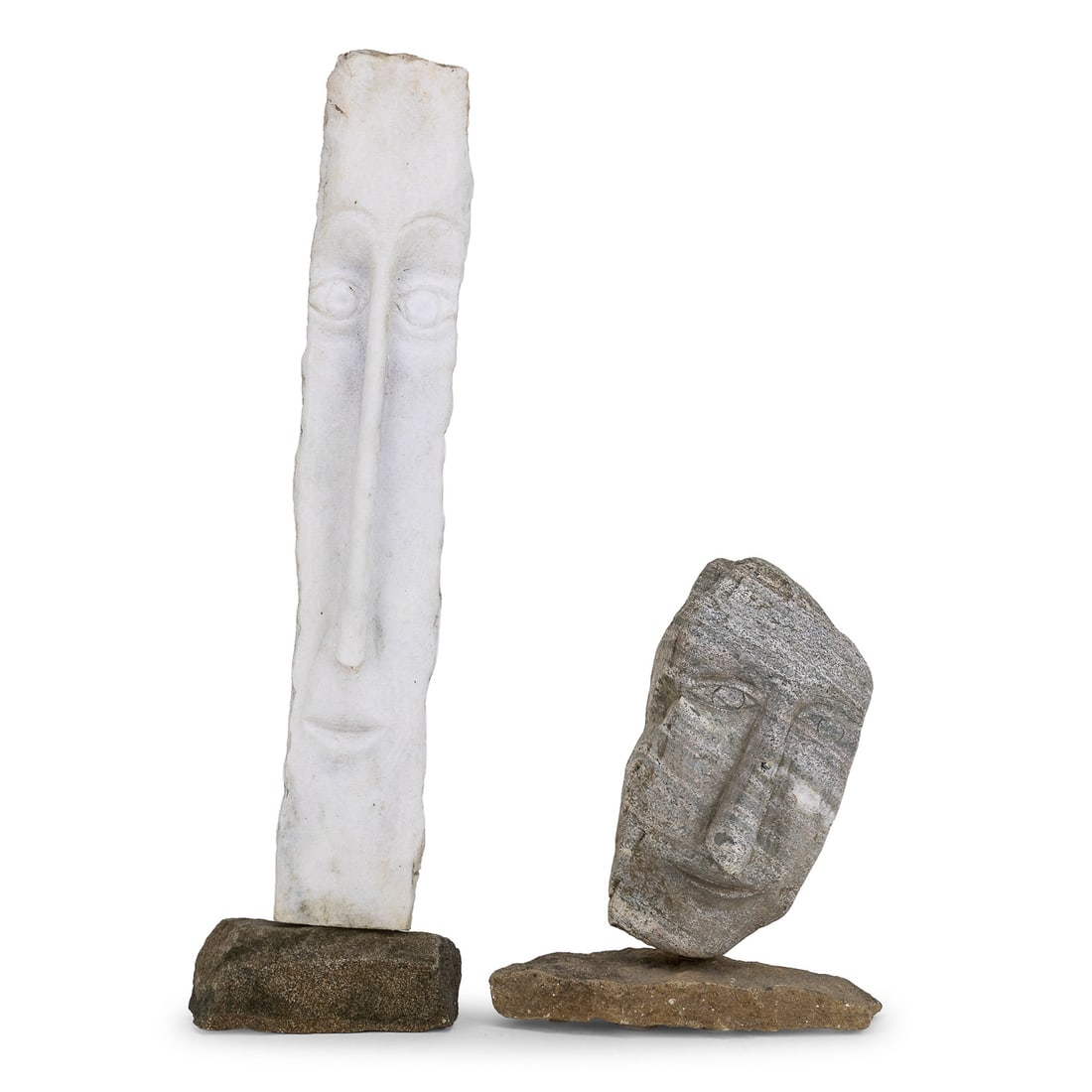 2 Contemporary Carved Stone Abstract Busts: Two contemporary carved stone abstract masks or busts, one narrow in white marble, the other smaller in gray granite. ht. 15", 28.5"