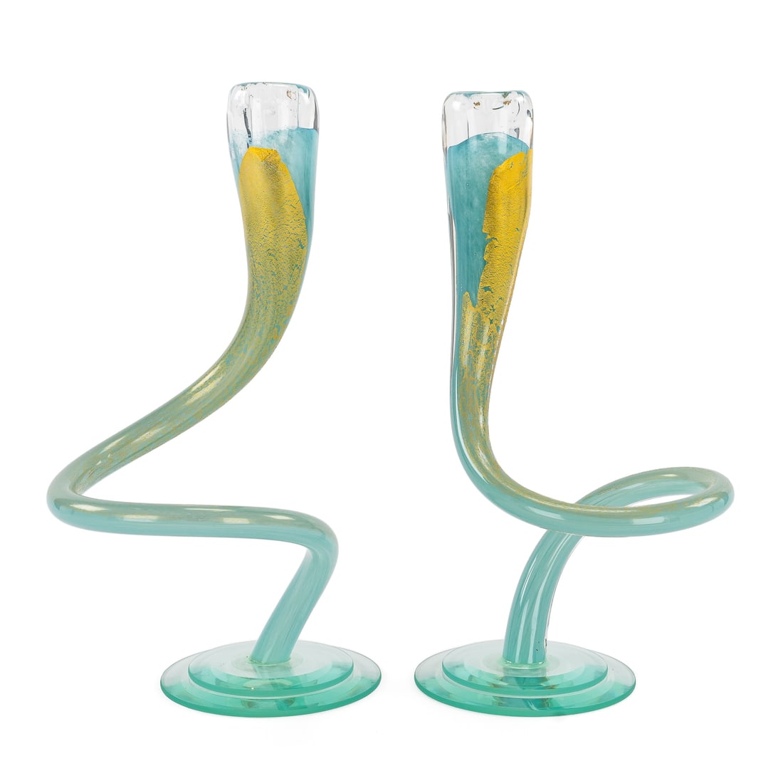 Pr. Michael Hudson Art Glass Candlesticks: Pair of Michael Hudson Louisville, KY contemporary blue opalescent and gold fleck twist hand blown candlesticks on beveled disc bases. Overall excellent condition. 10.5"-4.5"