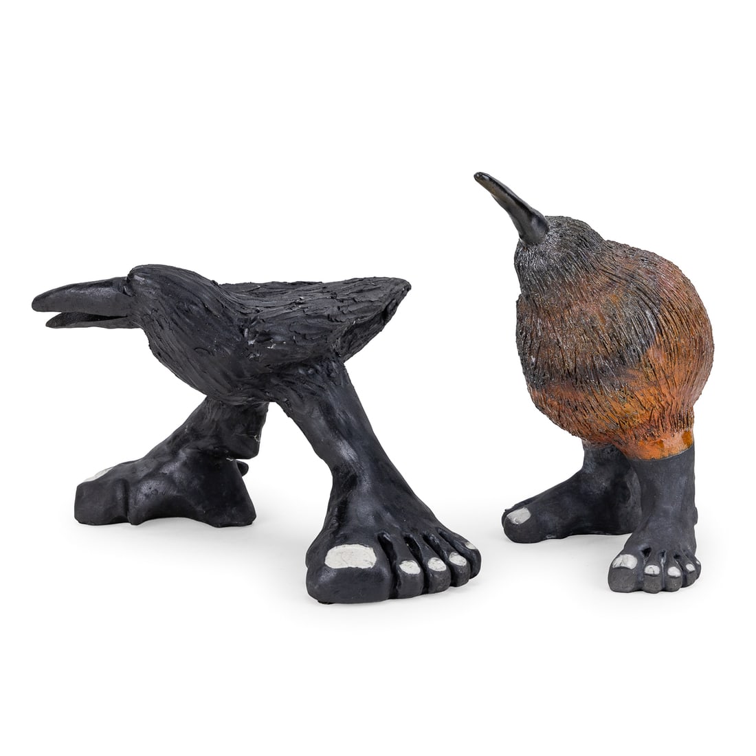 2 Alan Potter Raku Pottery Bird Figures: 2 Alan Potter Burlington, VT/ Palominas, AZ raku studio pottery abstract bird figures, each with exaggerated human feet, scratched and ridged feather decoration. Overall excellent condition. 7" x