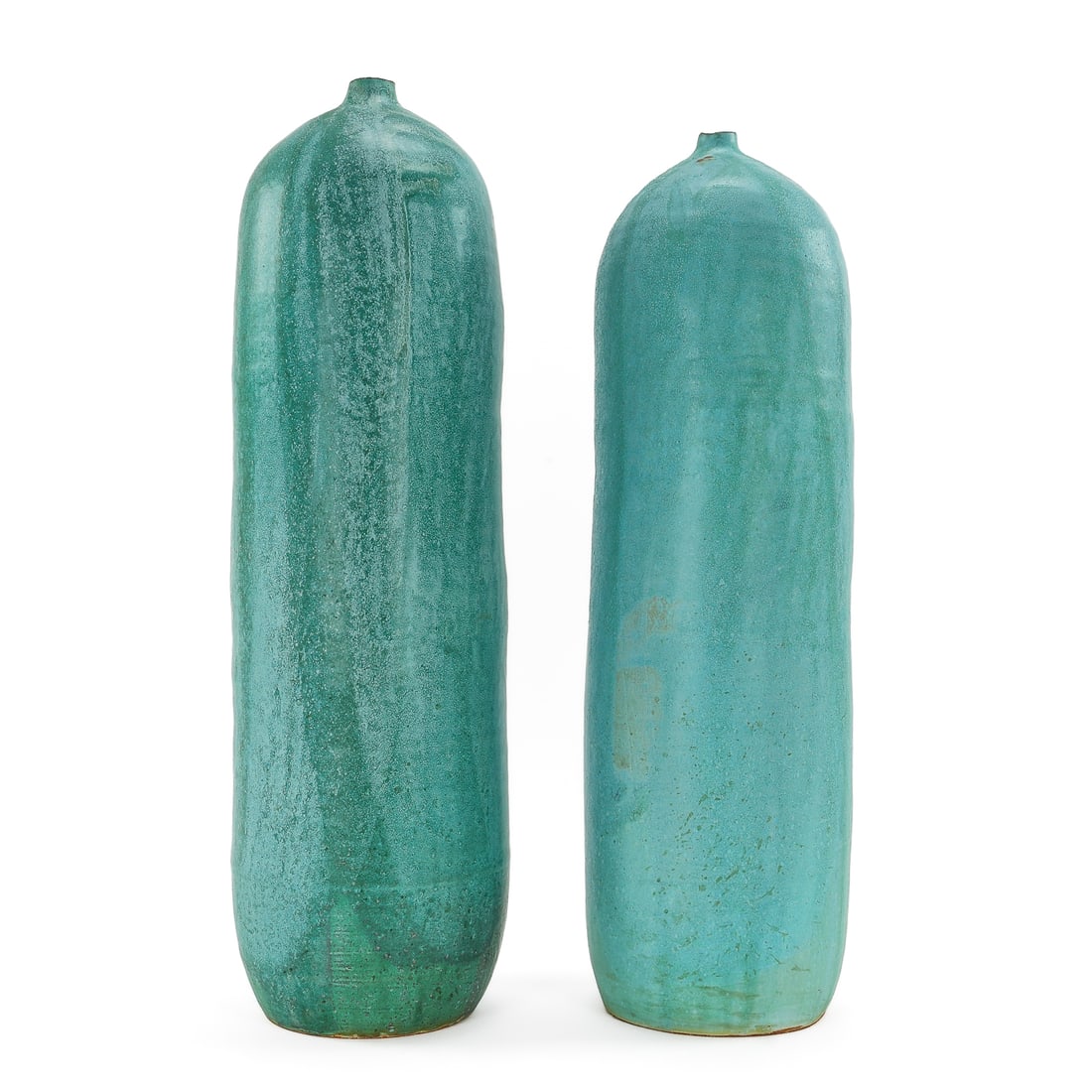 Turquoise Studio Pottery Cylindrical Vases: Pair of contemporary matte verdigris turquoise mottled glazed studio pottery vases with narrow live edge spouts, signed illegibly on bases, likely sold by Edgewater Gallery Middlebury, VT ht. 20.5" -