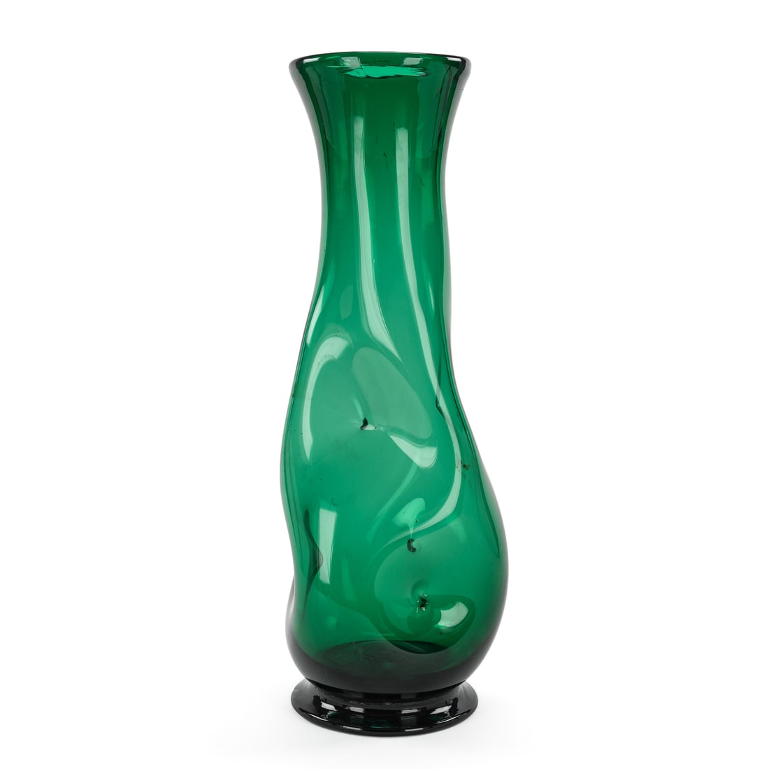 Large Blenko Emerald Dimpled Vase: Large mid century modern ca. 1960 attributed Blenko dimpled emerald glass vase on footed base with ground pontil mark. Unsigned. Overall good condition. 6" x 18"