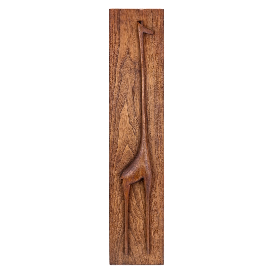 Mid Century Bas Relief Teak Giraffe Plaque: Mid century modern bas relief abstract sculpture of giraffe on teak board. In the manner of Val Robbins (1925-2009) for Rimrock Studios. Traces of illegible signature on reverse. 8" x 36"