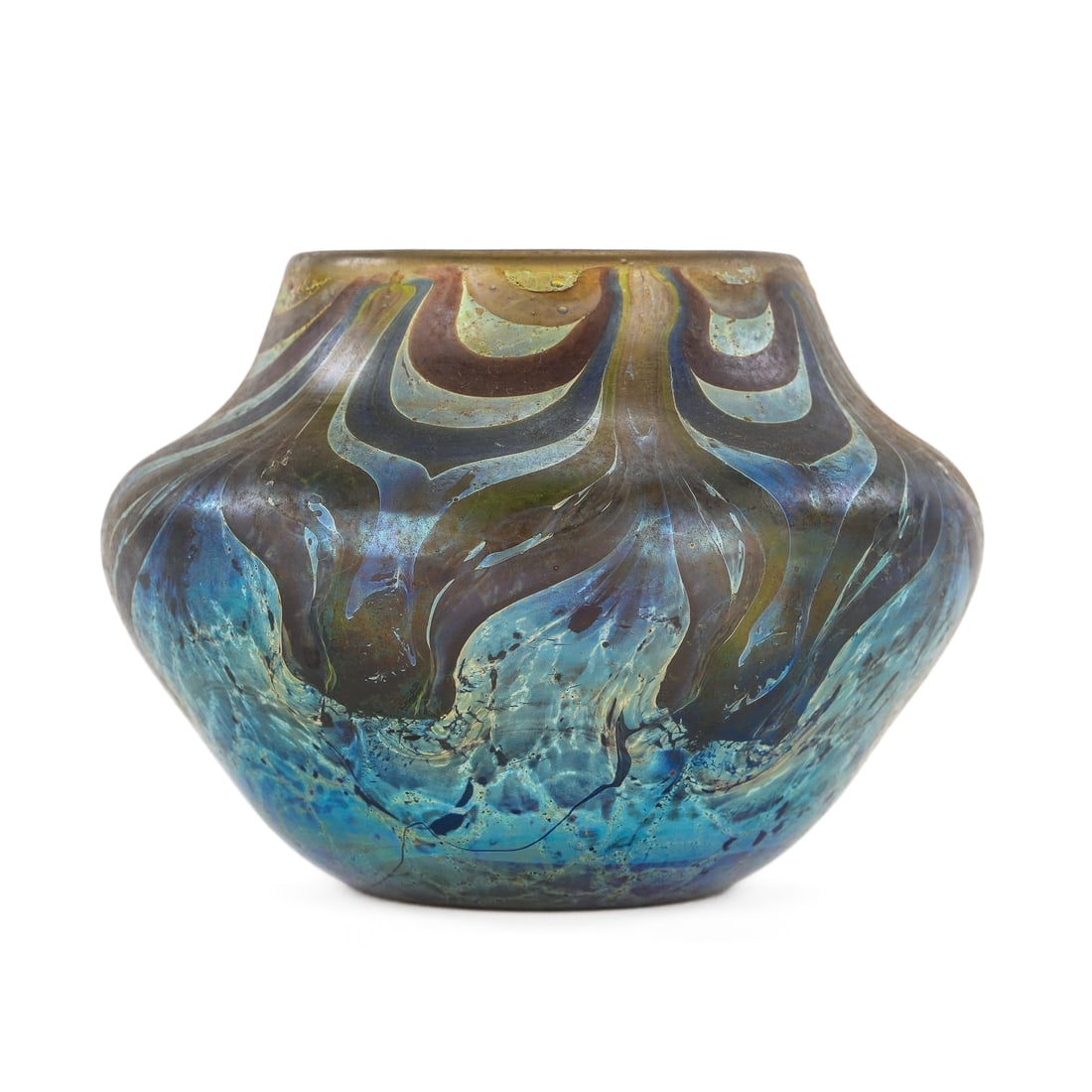 Loetz Style Pulled Feather Iridescent Vase: Loetz Austrian iridescent art glass vase with cobalt blue pulled feather decoration over smoky topaz ground. 4" x 5"