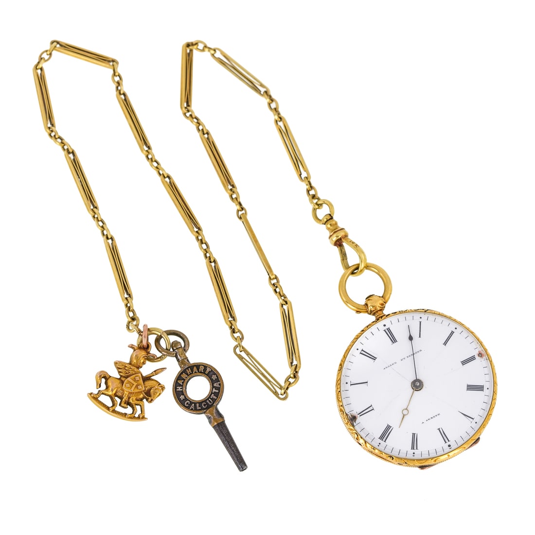 18k Alliez et Berguer Pocket Watch & Chain: 19th c Alliez et Berguer Swiss open face 18k yellow gold key wind pocket watch. Engraved case, Roman numeral hour markers, chips to face by pins and crack line. with a 14k yellow gold chain and a 10k 