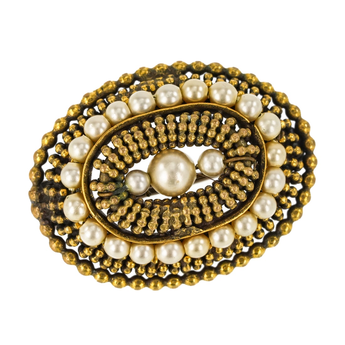 Victorian Oval Gold & Pearl Brooch: Victorian yellow gold oval brooch pin set with 24 - 2mm pearls and one center 3 mm pearl. 1" long. 8.2 grams t.w.