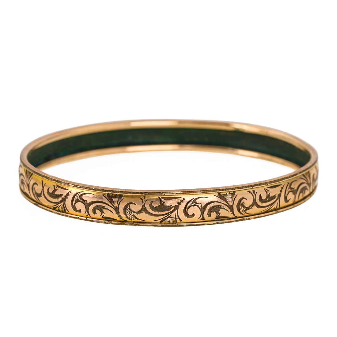 Victorian Engraved Gold Bangle: Victorian 10k engraved yellow gold bangle. 2 7/8" diameter. 12.48 grams t.w.