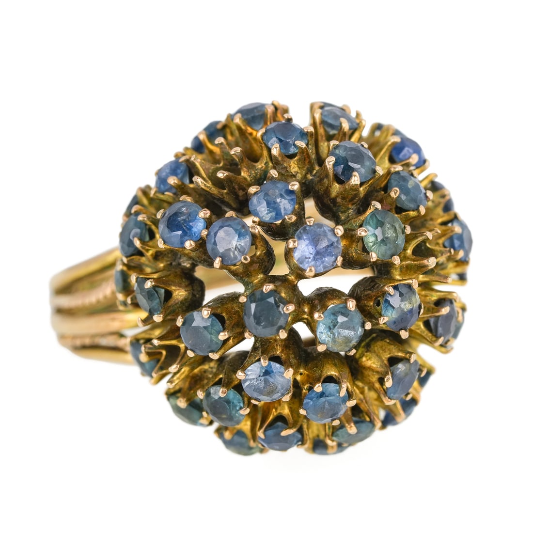 10k Cluster Ball Ring: 10k yellow gold ring with cluster ball design having 20 mm diameter ball set with approx. 40 round cut .05 ct blue topaz. Ring size 6.