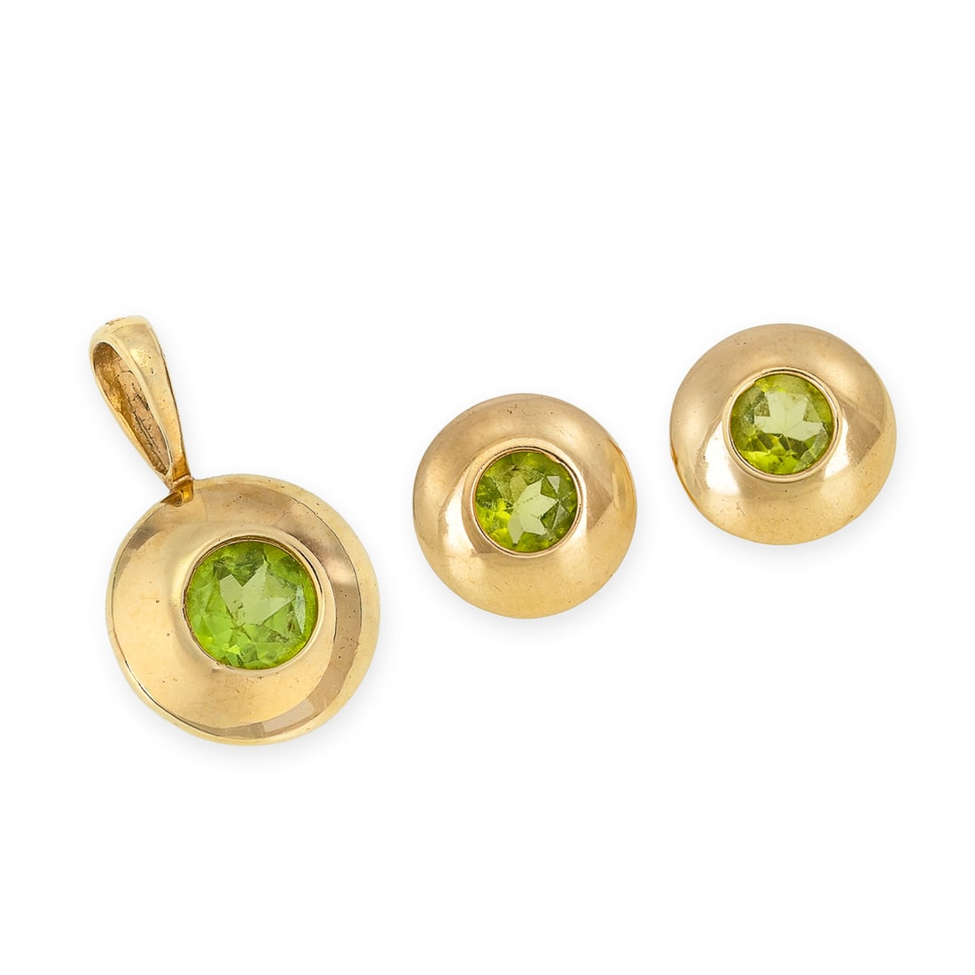 14k & Green Tourmaline 3 Piece Set: 14k yellow gold set with pair of earrings with center bezel set 1/2 ct round cut green tourmaline. Pendant with chain loop having center 3/4 ct round cut green tourmaline. 3.13 grams t.w.