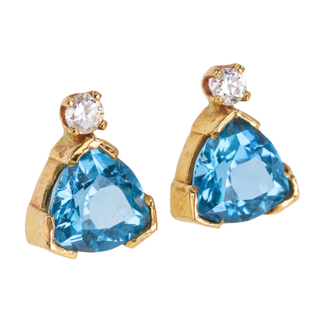 14k Blue Topaz & Diamond Earrings: 14k yellow gold earrings set with a triangular cut blue topaz and a .05 ct rd cut diamond. 2.38 grams t.w.
