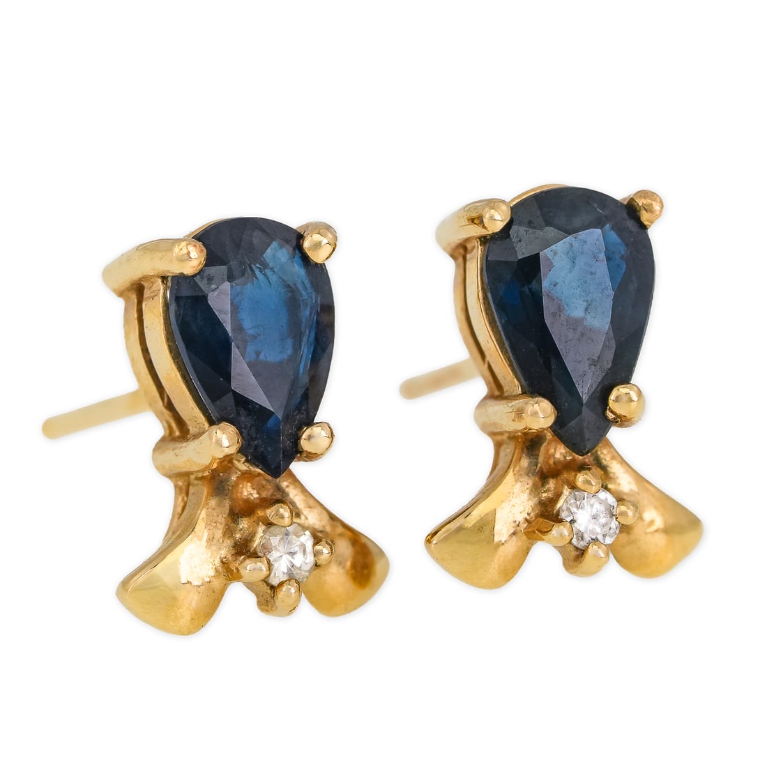 Pair Sapphire & Diamond Earrings: 14k yellow gold earrings set with tear drop sapphire 6 mm x 4 mm x 2 mm with a .02 ct rd cut diamond. Post backs. 1.55 grams t.w..