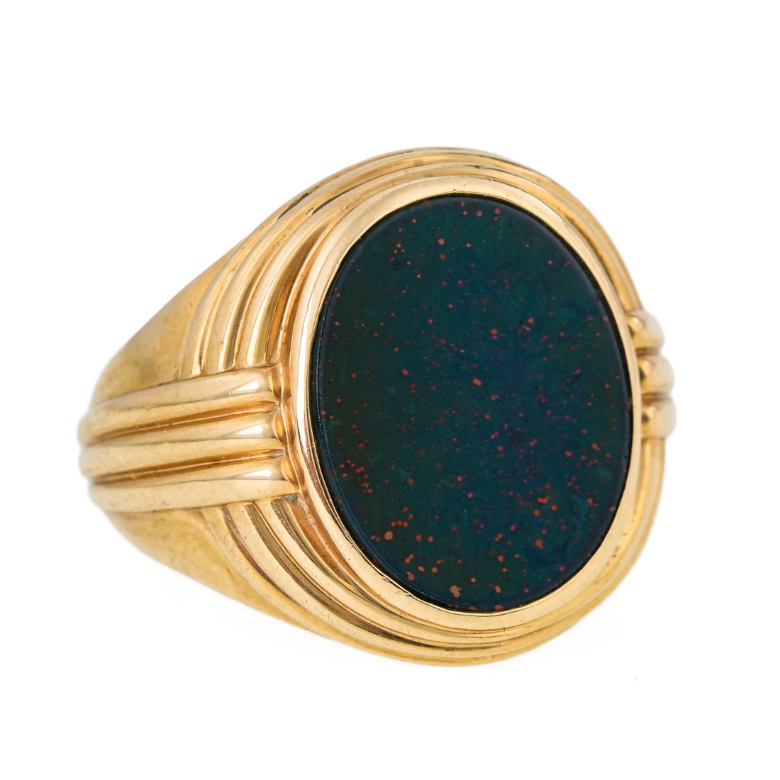 Men's 14k Hardstone Ring: Men's 14k yellow gold ring with oval dark green hardstone polished panel. 14.43 grams t.w. Ring size 8.5. Panel 16mm x 13 mm.