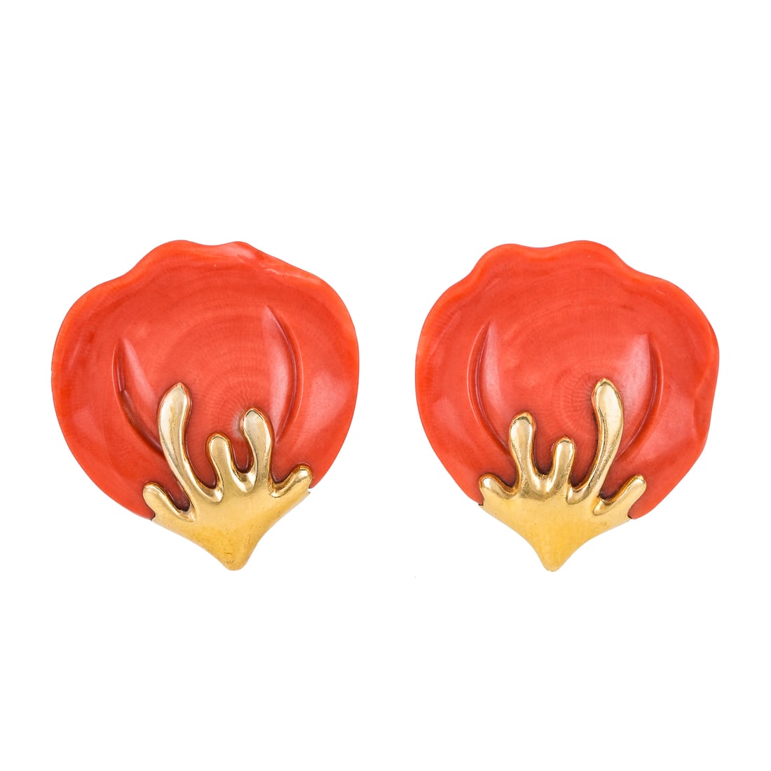Tiffany 18k & Red Coral Pedal Earrings: A pair of Tiffany 18k yellow gold earrings with natural red coral pedal design. Marked 18k T & Co. Attributed to designer Angela Cummings. Clip on. 1" long. 14.6 grams t.w.