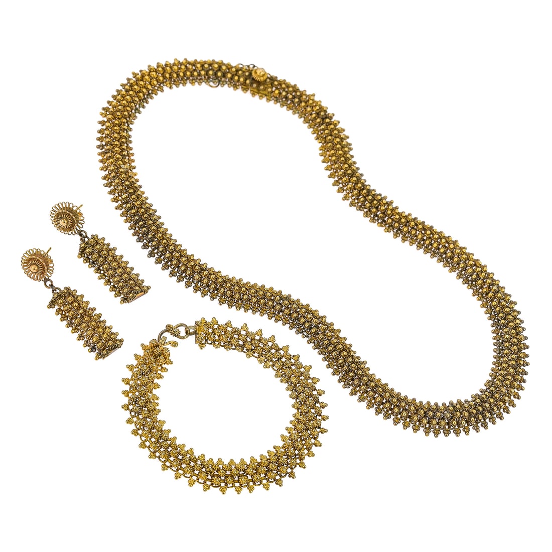 Ca. 1900 Gold Bead Edge Set: Early 20th century yellow gold necklace & earrings with bead jointed design. 1" long earrings, 18" long choker necklace. Necklace and earrings are marked 18k but test 10k. There weight 58.7 grams
