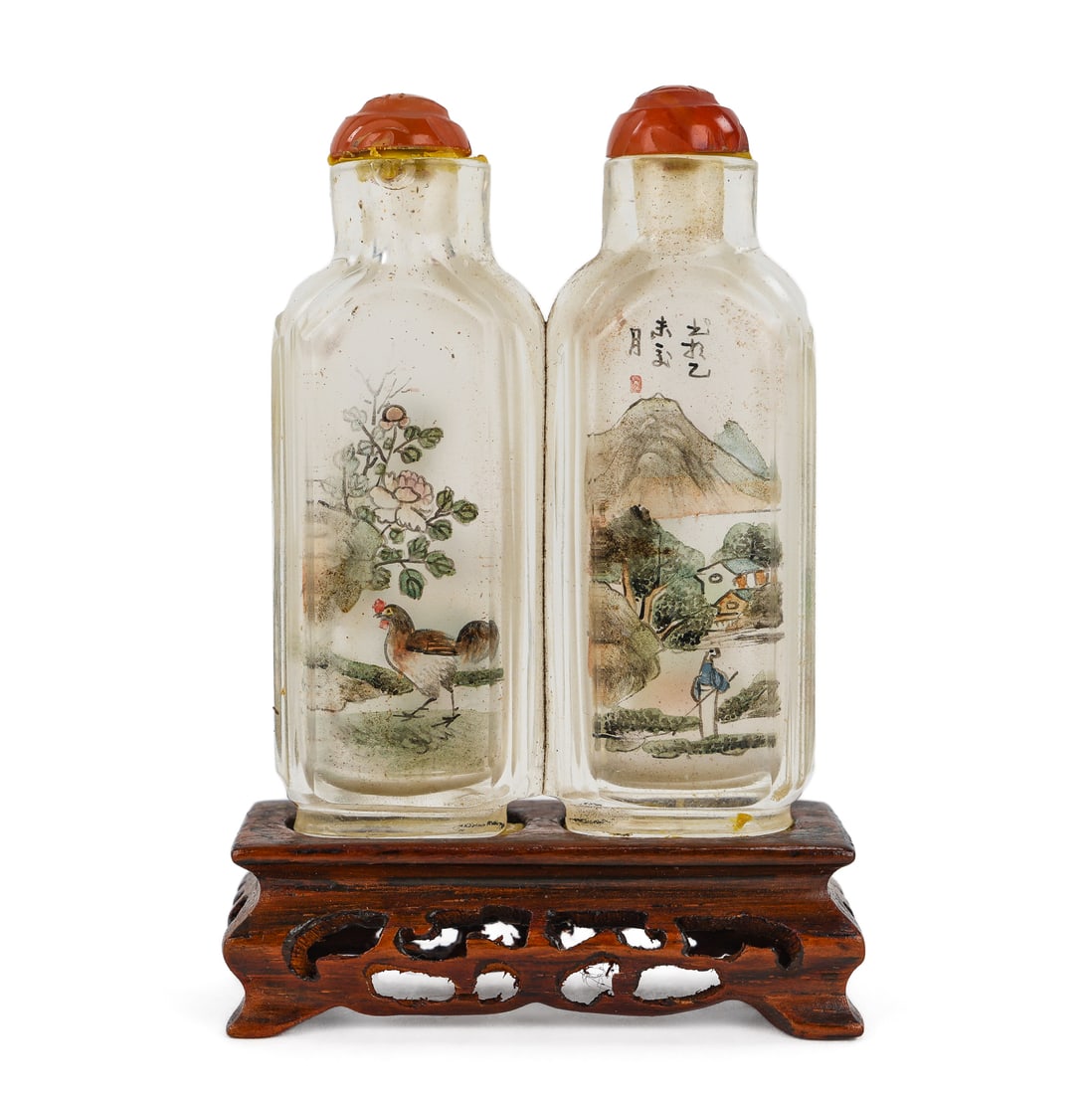 Chinese Inside Painted Double Snuff Bottle: Chinese inside-painted double rock crystal snuff bottle, with reverse painted interior scenes, ht 2 1/4"