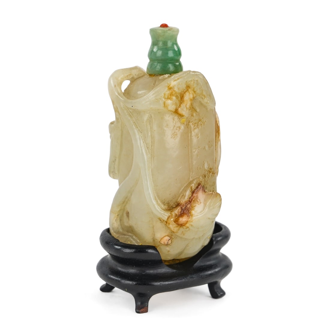 Chinese Nephrite Leaf Pattern Snuff Bottle: Chinese off-white nephrite snuff bottle with leaf pattern, green jadeite stopper with coral finial, overall ht 2 3/8"