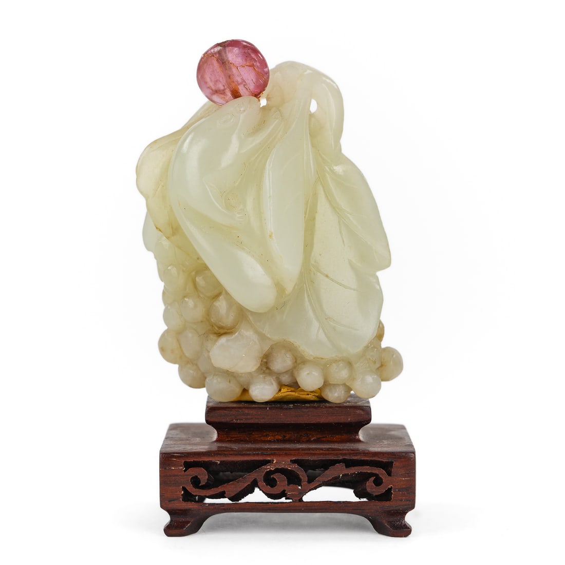 Chinese White Jadeite Snuff Bottle: Chinese white jadeite snuff bottle with squirrel and grapes, rose tourmaline stopper, overall ht 2 1/4"