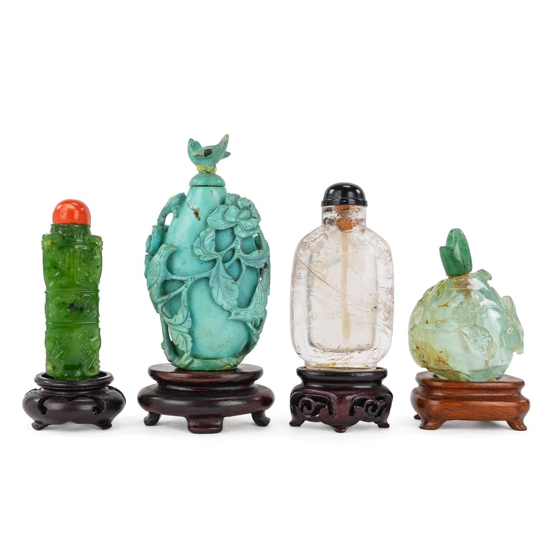 Four Chinese Hardstone Snuff Bottles: Four Chinese hardstone snuff bottles- turquoise (stopper glued), rock crystal mountain landscape (internal fracture), green tourmaline gourd with leaves, 3 sided green nephrite archaic bronze vessel