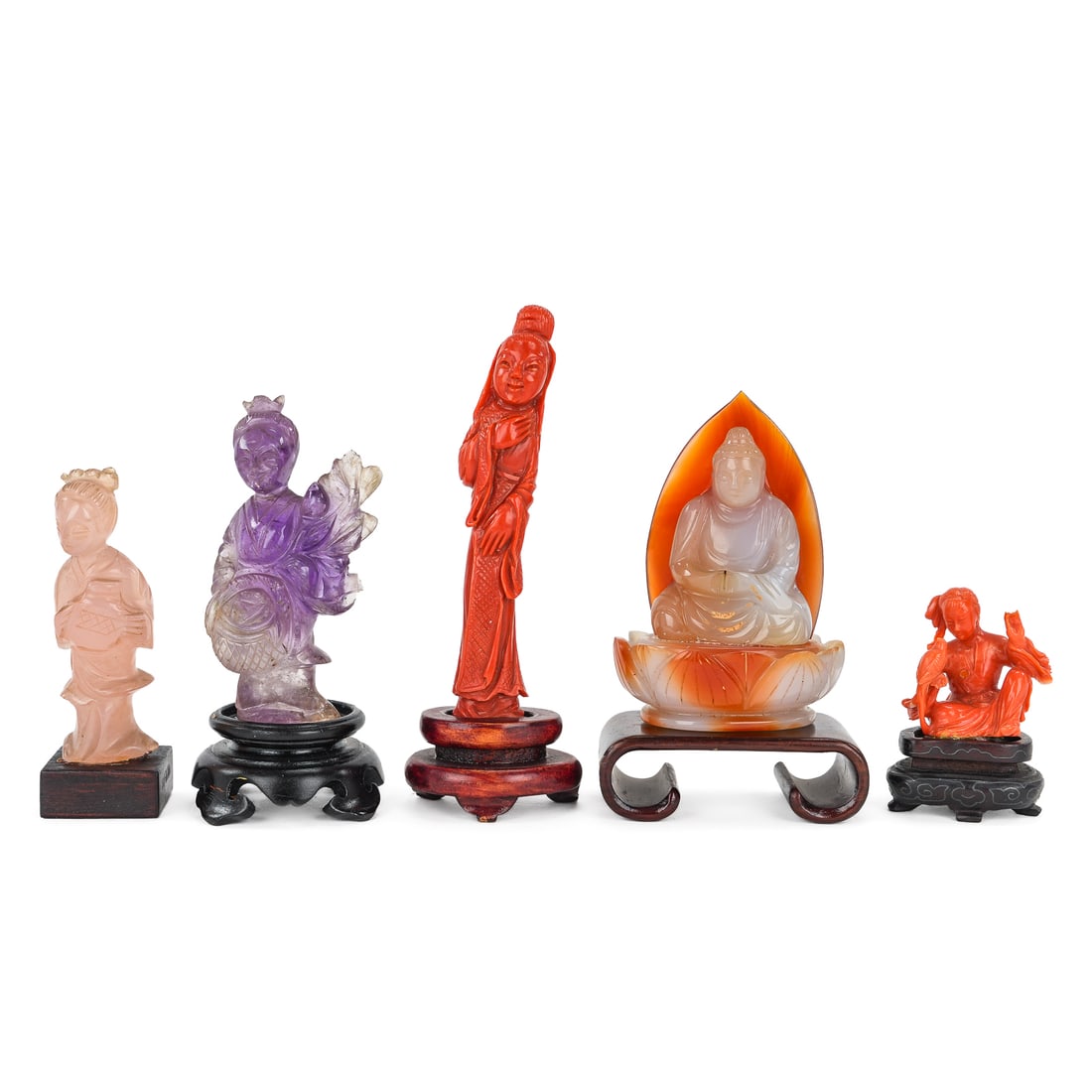 Five Chinese Hardstone, Coral Figures: Five Chinese hardstone, red coral figures- Amethyst (two chips), rose quartz (head broken & glued), red & white carnelian, red coral, hts 1 1/2" to 3 3/4"