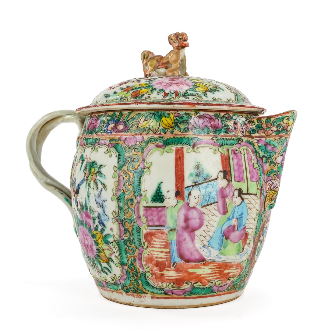 Chinese Rose Medallion Cider Pitcher: 19th c Chinese export rose medallion cider pitcher with lid, head of dog finial on lid reglued, overall ht 8"