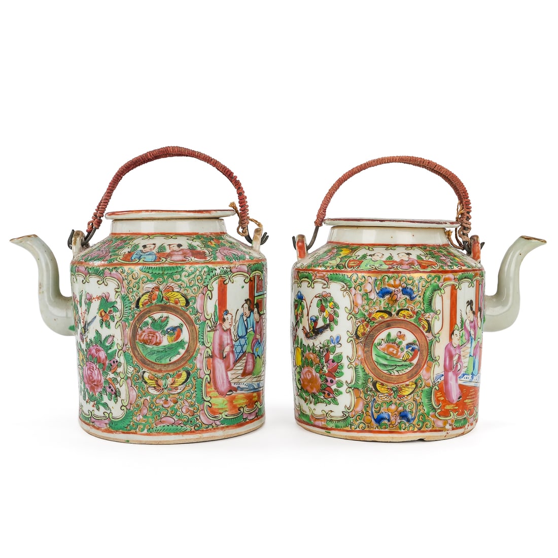 Pr of Chinese Rose Medallion Teapots: Pair of matching 19th c Chinese export porcelain rose medallion teapots, excellent condition, hts 5"