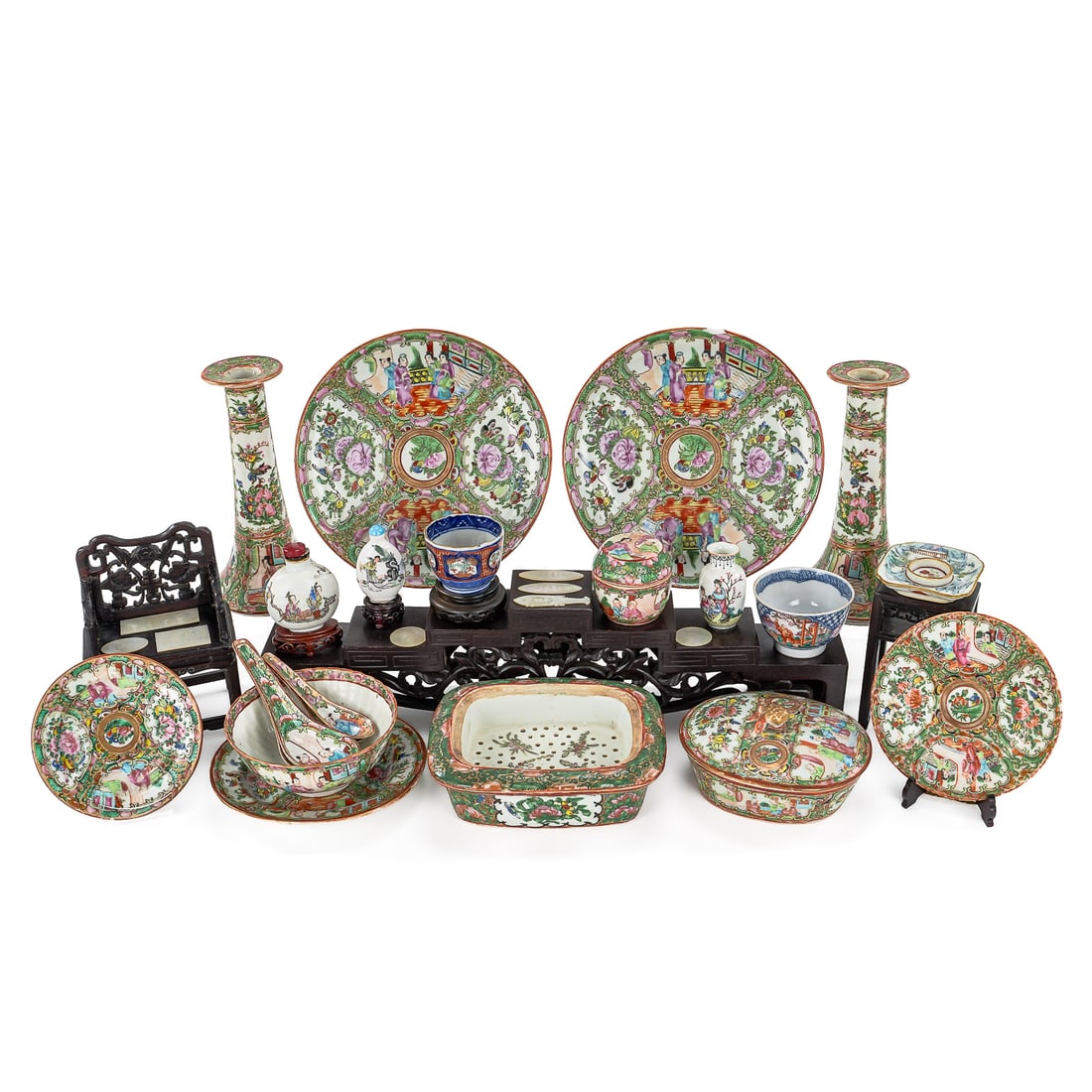 Chinese Rose Medallion Porcelain: Chinese rose medallion porcelain, accessories (24 pcs), including pair of candlesticks with red ink "China" on bases, oval covered dish, small round covered pot, small oval, round plates, spoons, two