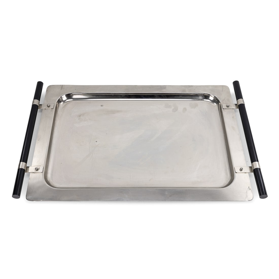 Punto Bacola for Montagnani Serving Tray: MCM Mid Century Modern Punto Bacola for Montagnani Modernist stainless steel serving tray, black handles, overall 17" x 26"