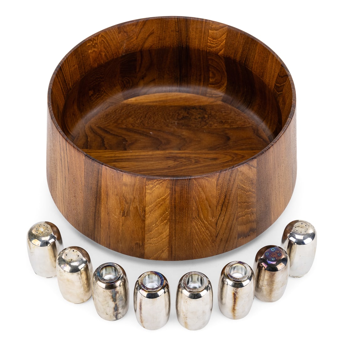 Dansk Teak Salad Bowl, Tableware: 1970's Dansk International Thailand JHQ large salad bowl, diameter 13 1/2", ht 6 ", sold with 2 pr of Dansk low candlesticks and 2 pr of Dansk salt & peppers
