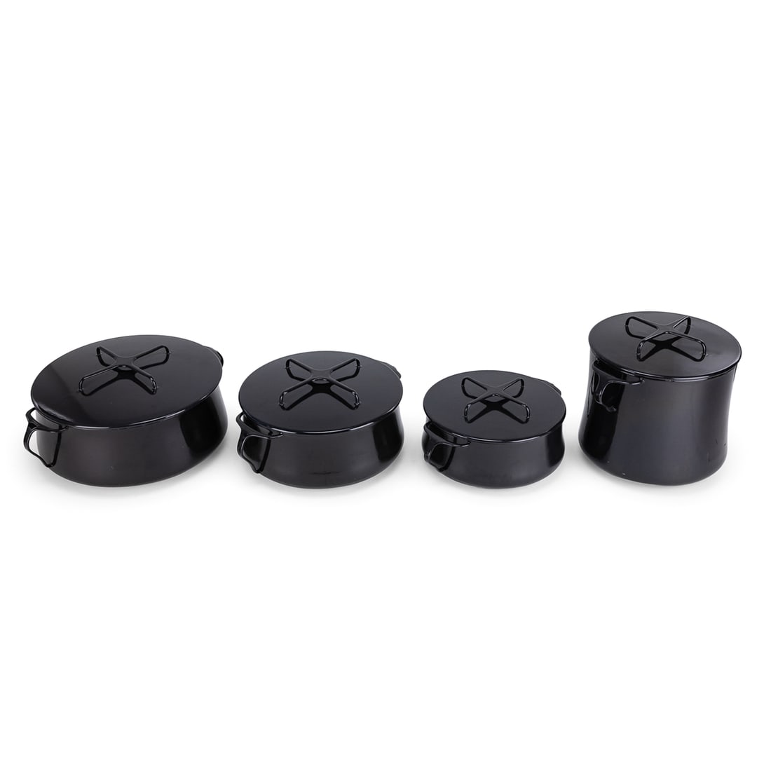 Dansk Spider Handle Cookware: MCM Mid Century Modern Dansk International, France spider handle enameled cookware (4 pcs), marked JHQ Quistgaard, including 4 black enameled casserole, stock, & sauce pots with lids, show light