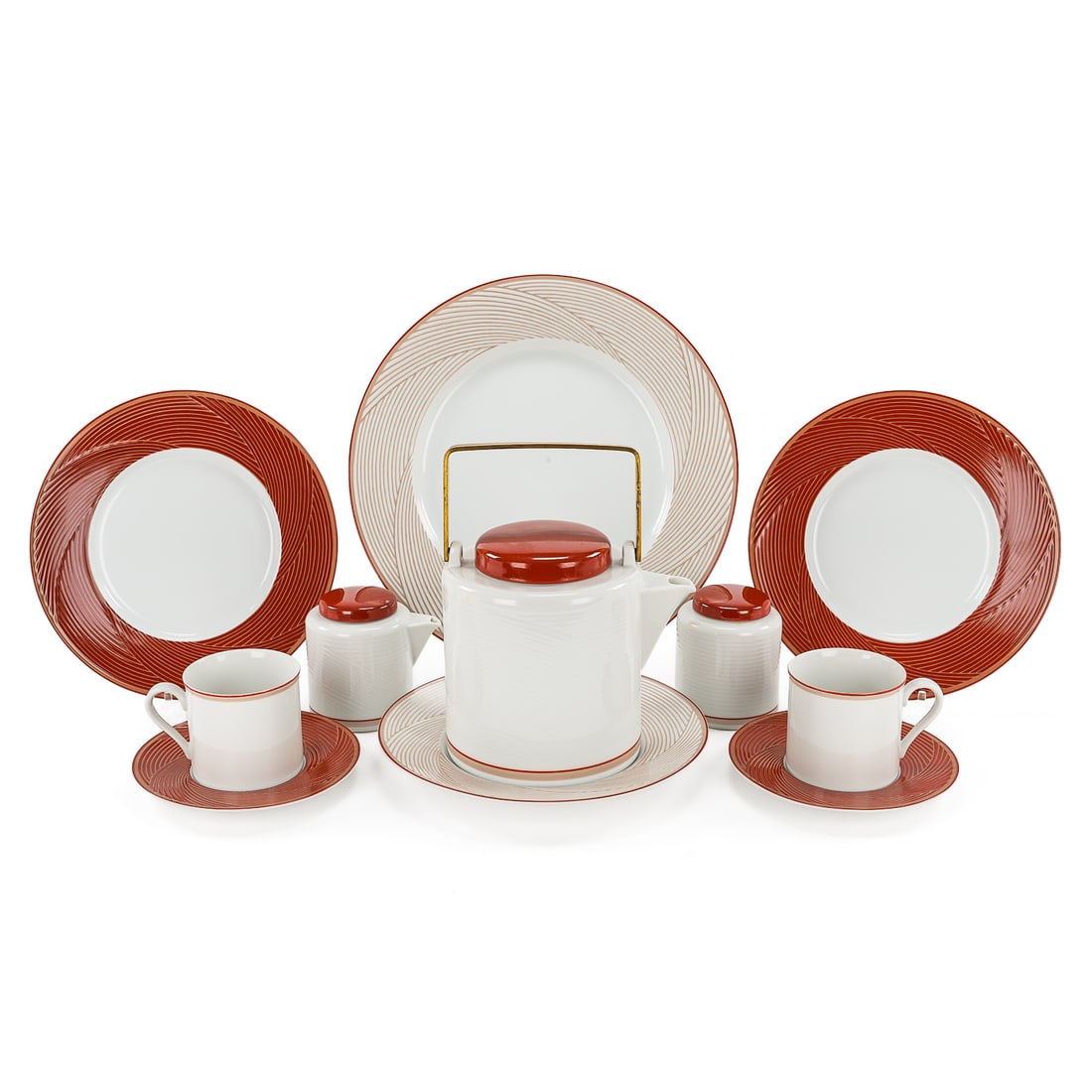 93 pc Dansk Tapestries China Set: Dansk "Tapestries" jacquard red, jacquard white dinner service (93 pcs), pattern by famed textile designer Jack Lenor Larsen, ca 1986-1989, discontinued, very good condition, including teapot with