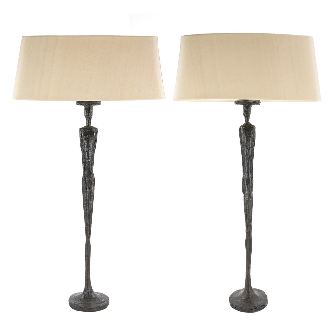 Porta Romana Man 1, Woman 1 Table Lamps: Porta Romana "Man 1/ Woman 1" table lamps LB05, in the manner of Alberto Giacometti, cast composition, bronze finish, excellent like new condition, lamp ht 28", overall ht with shades 33 1/2"